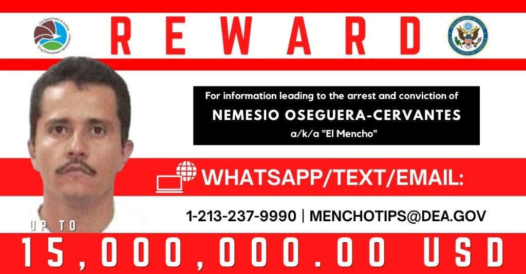 Se incrementó a 15 mdd la recompensa por Nemesio Rubén Oseguera Cervantes, 'El Mencho', cofundador y líder del 'CJNG'. Foto Tomada de X @DEAHQ
