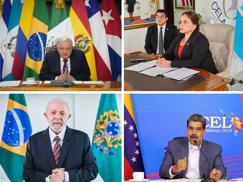 El presidente Andrés Manuel López Obrador y sus homólogos de Honduras, Xiomara Castro; de Brasil, Luis Inácio Lula da Silva; y de Venezuela, Nicolás Maduro, durante la videoconferencia de la Celac, el 16 de abril de 2024. Foto cortesía Presidencia / Afp / X @gtorreszelaya1

