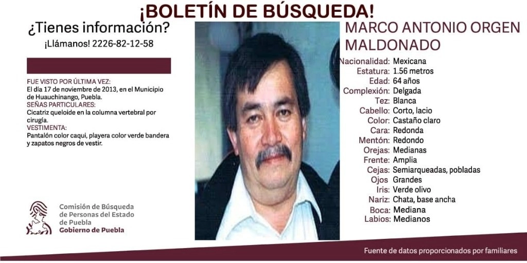 A siete años de la desaparición del ingeniero Marco Antonio Orgen Maldonado, en el municipio de Huauchinango, Puebla, las indagatorias sobre el caso no han registrado ningún avance concreto. Imagen tomada del Facebook de @busquedagobpue 