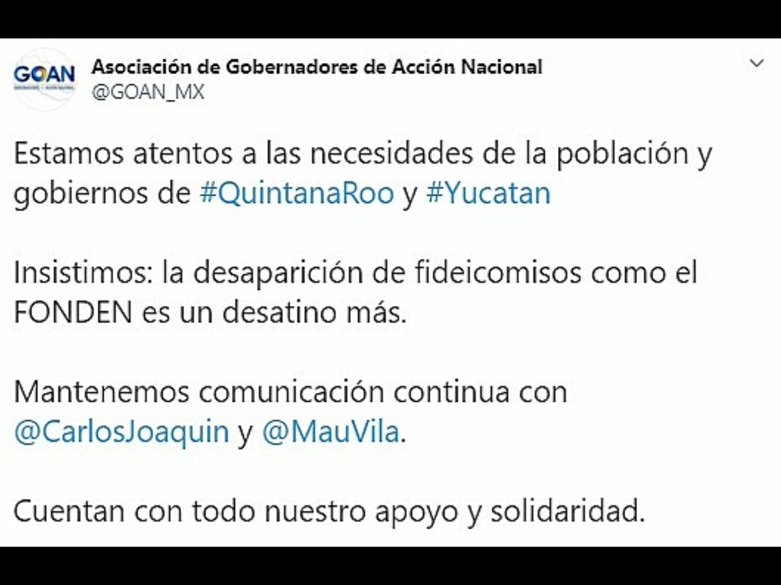 La Asociación de Gobernadores del Acción Nacional dijo que el avance del huracán Delta en el país demuestra que la desaparición del Fondo Nacional de Desastres Naturales (Fonden) es un error. Imagen tomada del Twitter de @GOAN_MX