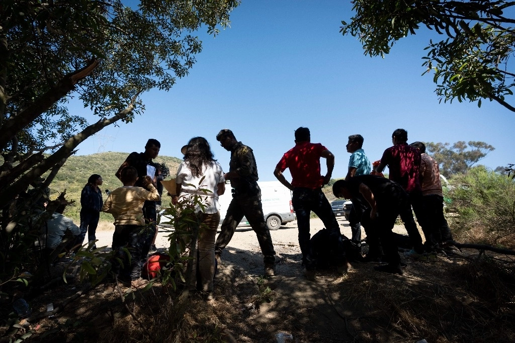 Agentes de la Patrulla Fronteriza hablan con migrantes que buscan asilo en EU, en Dulzura, California, el 5 de junio de 2024. Foto Ap