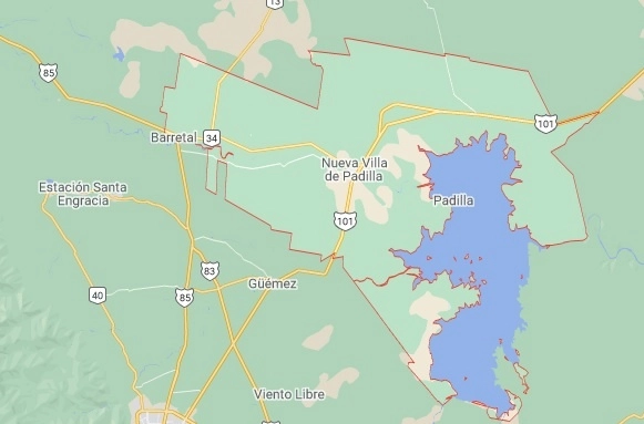 Las afectaciones a los cultivos de naranjales se reportaron en los municipios tamaulipecos de Padilla y Güemez. Foto Tomada de Google Maps