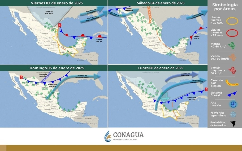 Una onda extensa de frío tendrá efectos en la mayor parte del país desde el domingo 5 hasta el sábado 11 de enero de 2025. Foto tomada de X @conagua_clima.