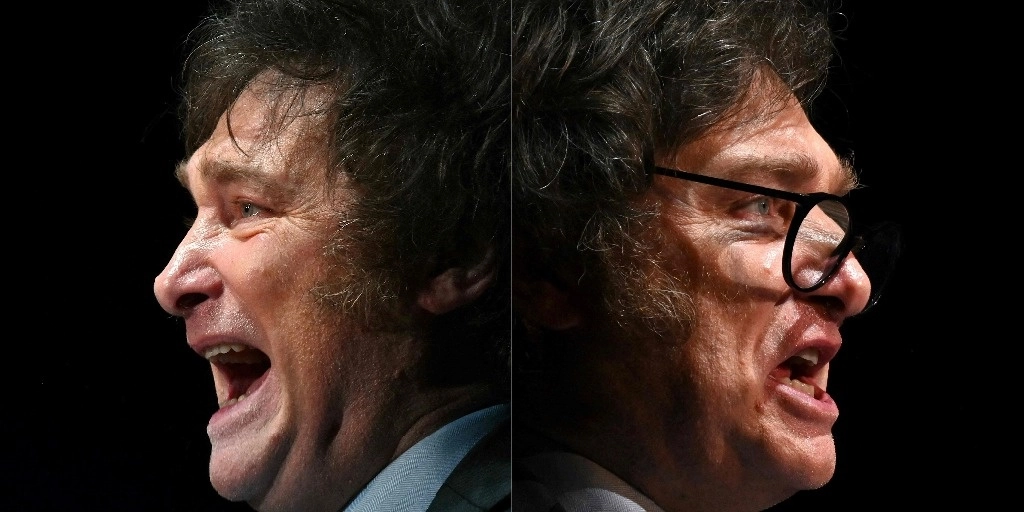 Composición fotográfica que muestra al presidente electo de Argentina, Javier Milei, durante un discurso el 18 de octubre pasado en Buenos Aires. Foto Ap 