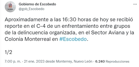 En su cuenta de Twitter, el municipio informó sobre el enfrentamiento. Captura de pantalla de Twitter @gob_Escobedo.