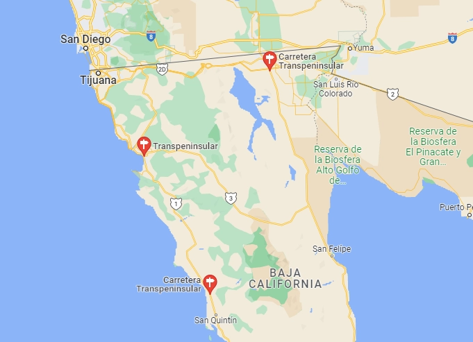 Dos vehículos fueron baleados la madrugada de este sábado en la carretera transpeninsular en Baja California. Foto Google Maps