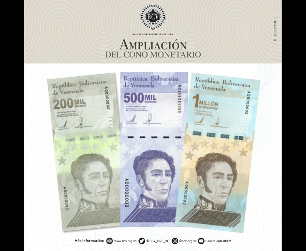 El Banco Central de Venezuela detalló que los tres billetes tienen la imagen del Libertador Simón Bolívar. Foto Tomada del Twitter @BCV_ORG_VE
 
