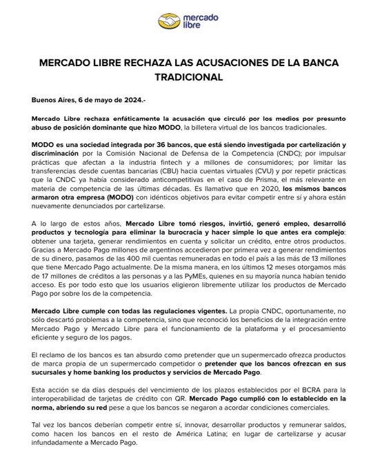 Comunicado de Mercado Pago difundido en sus redes sociales.