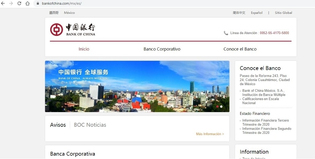 Portal oficial del Bank of China en internet.