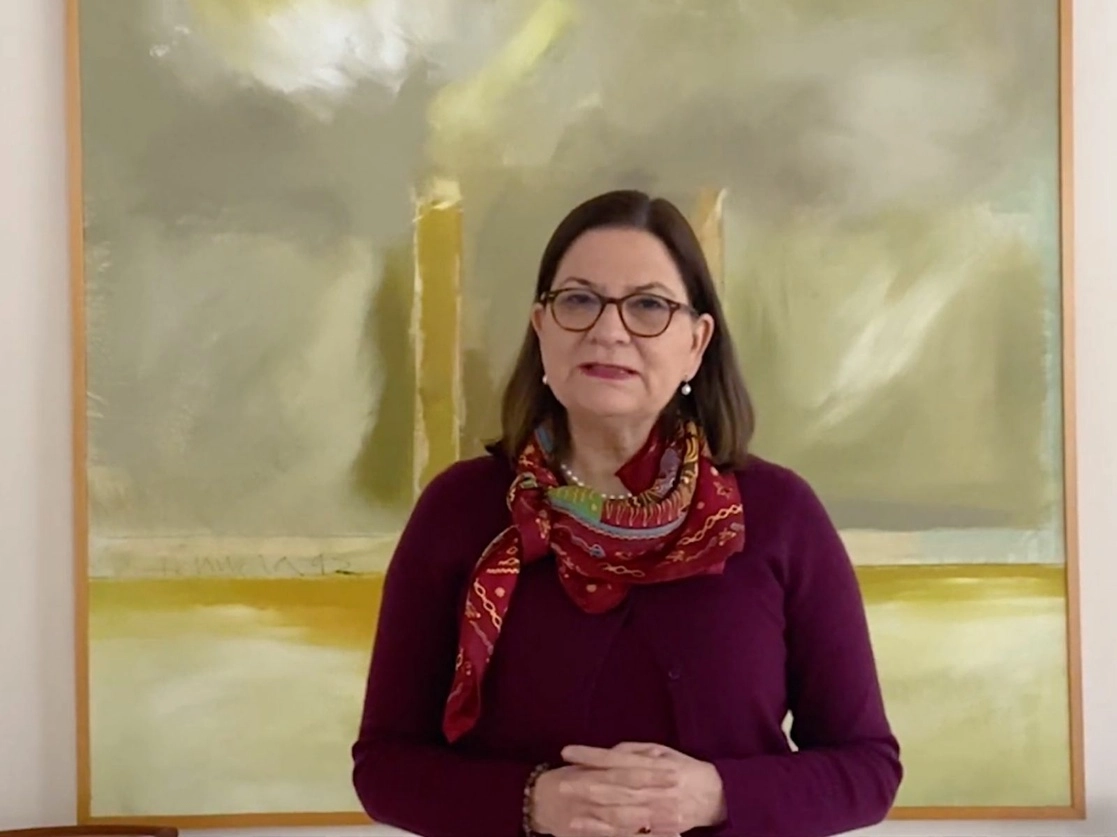 Martha Bárcena, embajadora de México en Estados Unidos, durante su mensaje, el 12 de febrero de 2021. Imagen tomada de un video difundido a través del Twitter de @EmbamexEUA