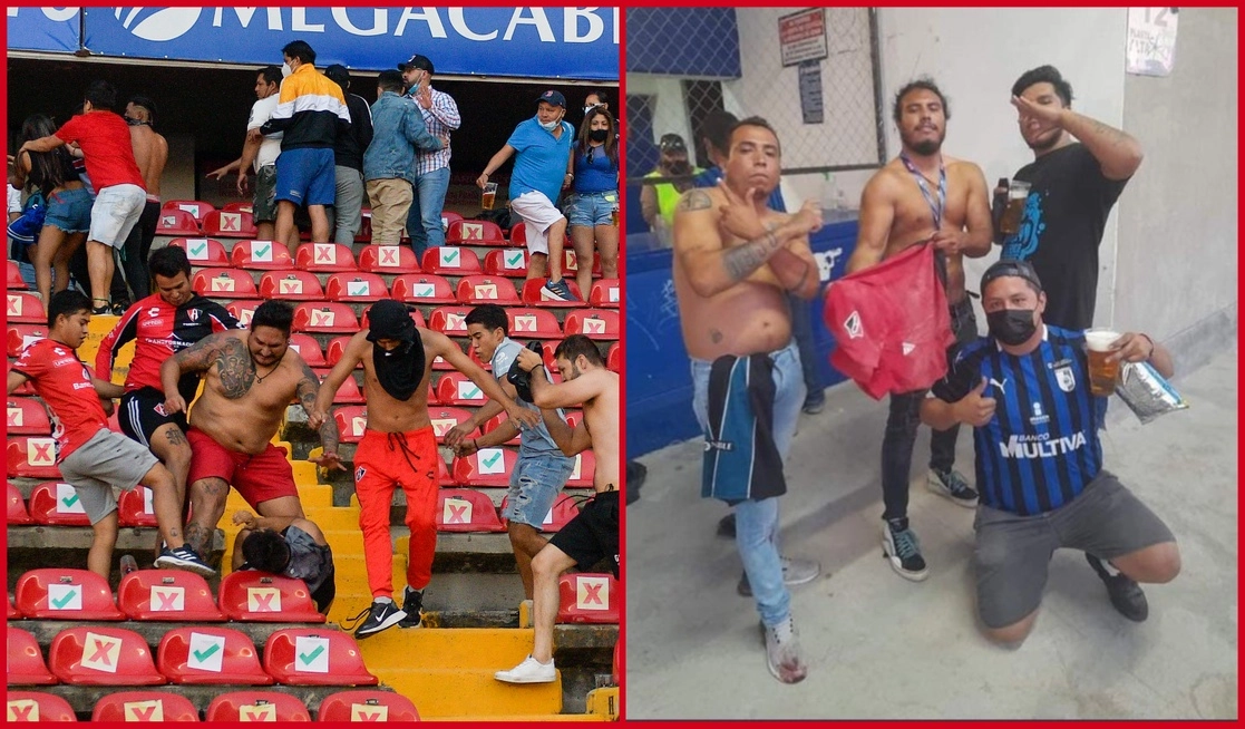 Los estadios sirven de campos de batalla para alzarse con el trofeo del enemigo, que pueden ser camisetas, banderas o trapos, y con los cuales muestran que son superiores. Las imágenes corresponden a los actos de violencia del pasado 5 de marzo en el estadio La Corregidora, en Querétaro. Foto Ap y Twitter