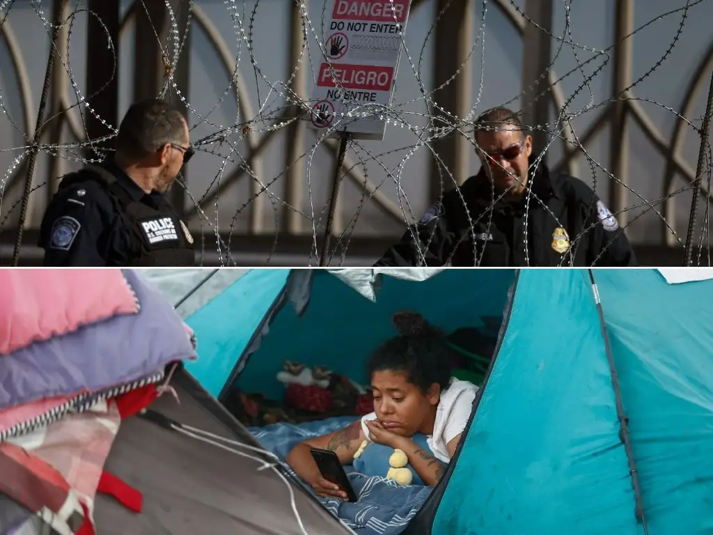 Agentes estadunidenses colocaron ayer bloques de concreto con alambres de púas en cruces frente a Ciudad Juárez. El operativo se concentró en el puente Paso del Norte-Santa Fe, que comunica con El Paso, Texas. A la derecha, campamento de migrantes que en Irapuato esperan abordar el tren La Bestia. Un hondureño sostuvo que pese que Donald Trump endurecerá las políticas de asilo, no me quitará el impulso de entrar a Estados Unidos. Fotos Afp y Víctor Camacho