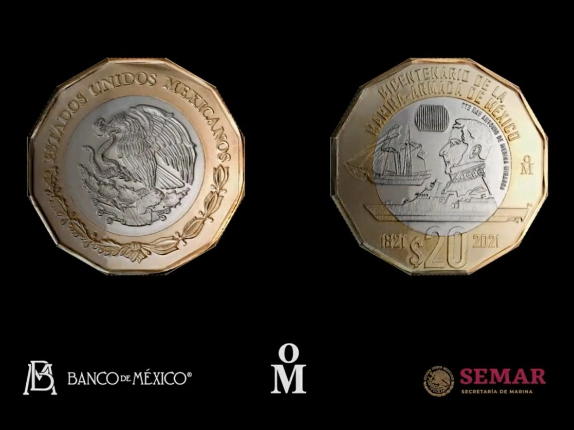El Banco de México puso en circulación una moneda de veinte pesos conmemorativa del Bicentenario de la Marina-Armada de México. Foto tomada del sitio de https://www.banxico.org.mx