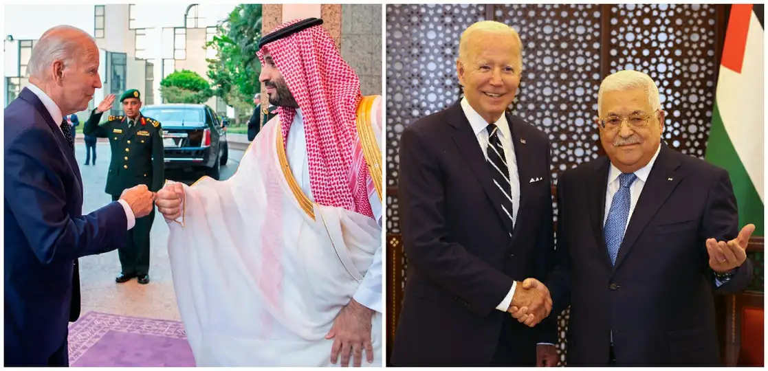 El mandatario estadunidense, Joe Biden, se entrevistó ayer en Riad con el príncipe heredero de Arabia Saudita, Mohammed bin Salmán (imagen de arriba), y con el líder de la Autoridad Nacional Palestina, Mahmoud Abbas, en Cisjordania.Foto vía Ap y Xinhua
