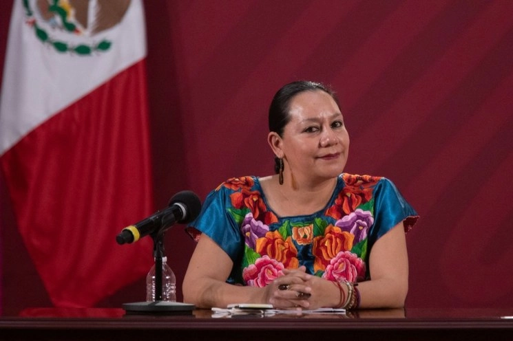 La secretaria del Bienestar, María Luisa Albores González, durante una de las conferencias del Bienestar en Palacio Nacional, el 2 de julio de 2020. Foto Cuartoscuro