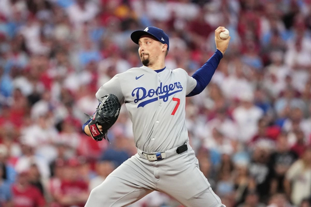 El lanzador de Los Ángeles Dodgers, Blake Snell durante el encuentro. Foto 