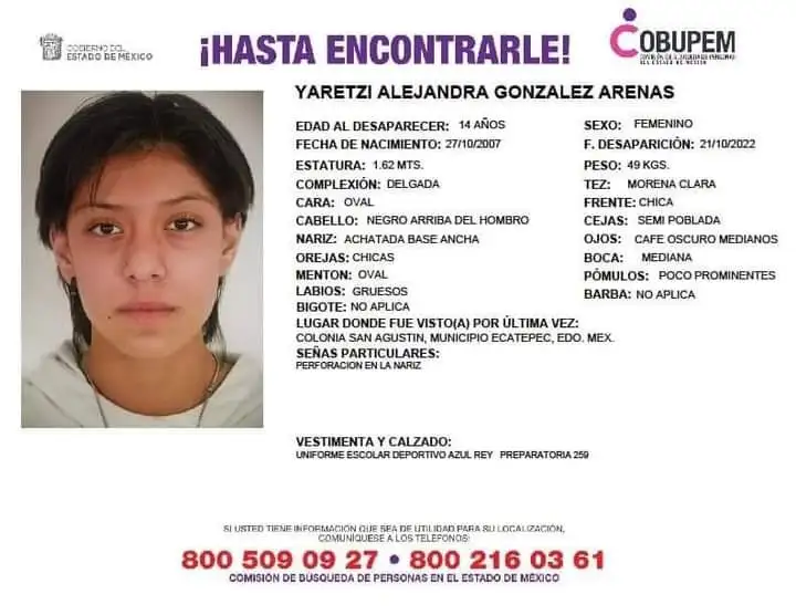 Yaretzi Alejandra González Arena  fue vista por última vez el 21 de octubre en la colonia San Agustín, Ecatepec, Edomex. Foto Tomada del Twitter @COBUPEM 