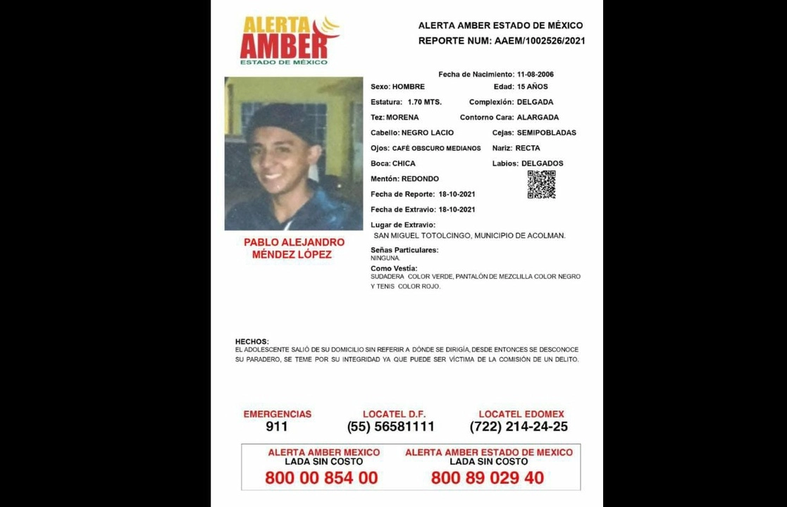 Pablo Méndez López fue reportado como desaparecido desde el pasado 18 de octubre. Imagen tomada de la cuenta de Twitter @AmberEdomex