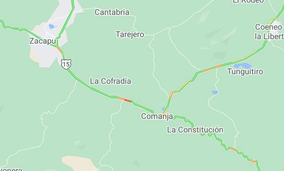 Presuntos habitantes de Santiago Azajo, municipio de Coeneo, bloquearon la circulación de la carretera Zacapu-Morelia; iniciaron neumáticos y prendieron fuego a un autobús. Imagen Google Maps