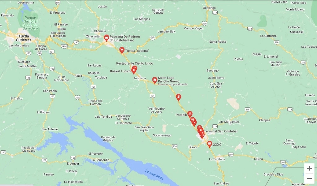 Pobladores de Teopisca bloquearon por segundo día consecutivo la carretera San Cristóbal-Comitán para exigir la destitución de la alcaldesa sustituta, Josefa María Sánchez Pérez. Imagen tomada de Google Maps
