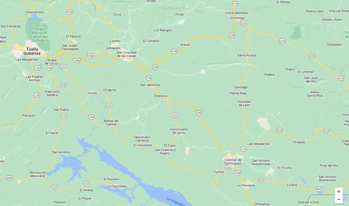 Pobladores de Teopisca cumplieron cinco semanas de bloqueo en la carretera San Cristóbal-Comitán. Imagen tomada de Google Maps 