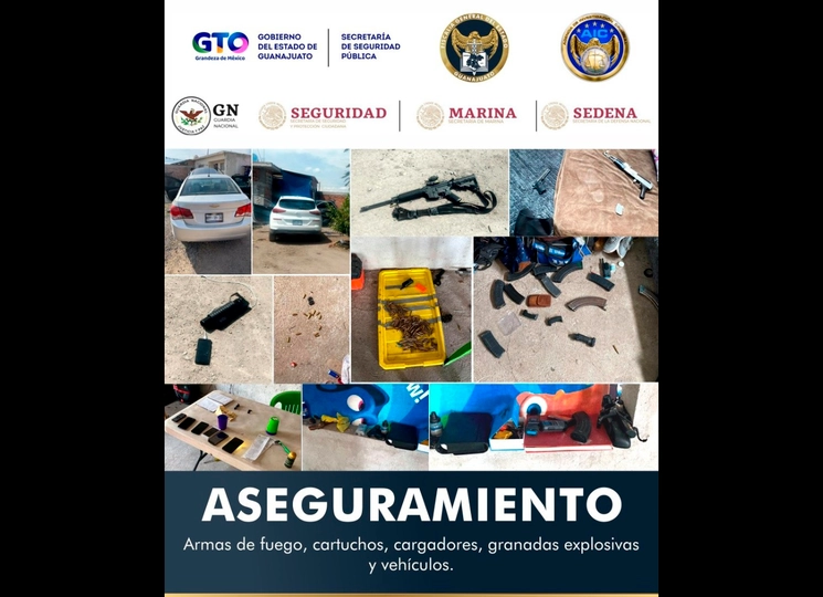Tras los operativos del día de ayer en Guanajuato, la FGE aseguró armas de fuego y cartuchos. Foto SSP Guanajuato 