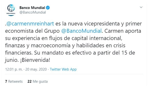 En la obra de Carmen Reinhart hay numerosos trabajos sobre las economías de Asia y de América Latina que tratan temas como las crisis de la deuda, los colapsos de las monedas y los mecanismos de contagio entre las economías. Imagen tomada de @BancoMundial