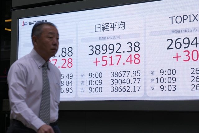 Un hombre pasa junto a un tablero electrónico de acciones que muestra el índice Nikkei 225 de Japón. Foto Ap