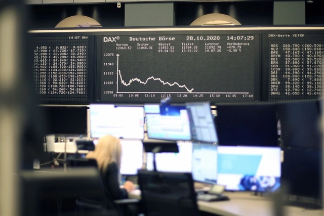 Las principales bolsas europeas se desplomaron este miércoles ante los crecientes temores de nuevos confinamientos y su impacto económico en el continente. En la imagen, el índice bursátil alemán DAX. Foto Afp