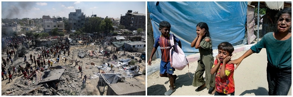En la imagen de la izquierda, el campamento Al Mawasi, en Yan Junis, después del bombardeo de ayer. Sobre estas líneas, niños palestinos huyen de la artillería en el refugio de desplazados. Foto Afp 