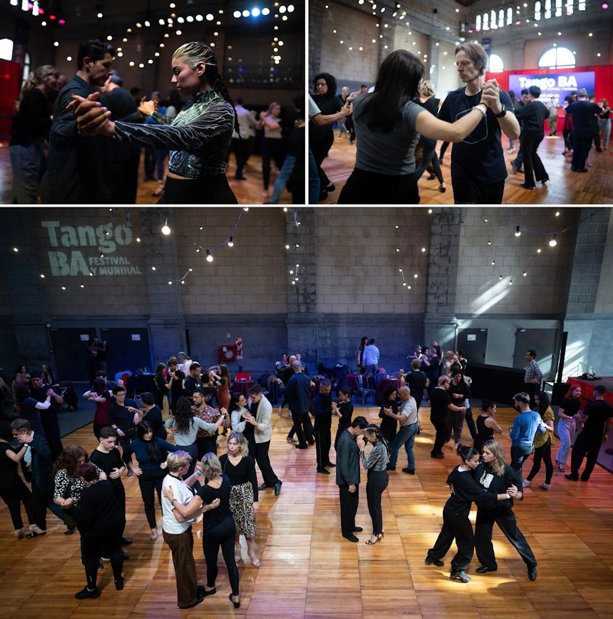 Participantes en la clase de tango impartida por los bailarines Javier Rodríguez y Vanina Bilous, durante la jornada inaugural del festival, en el Auditorio de la Usina del Arte, en Buenos Aires. 