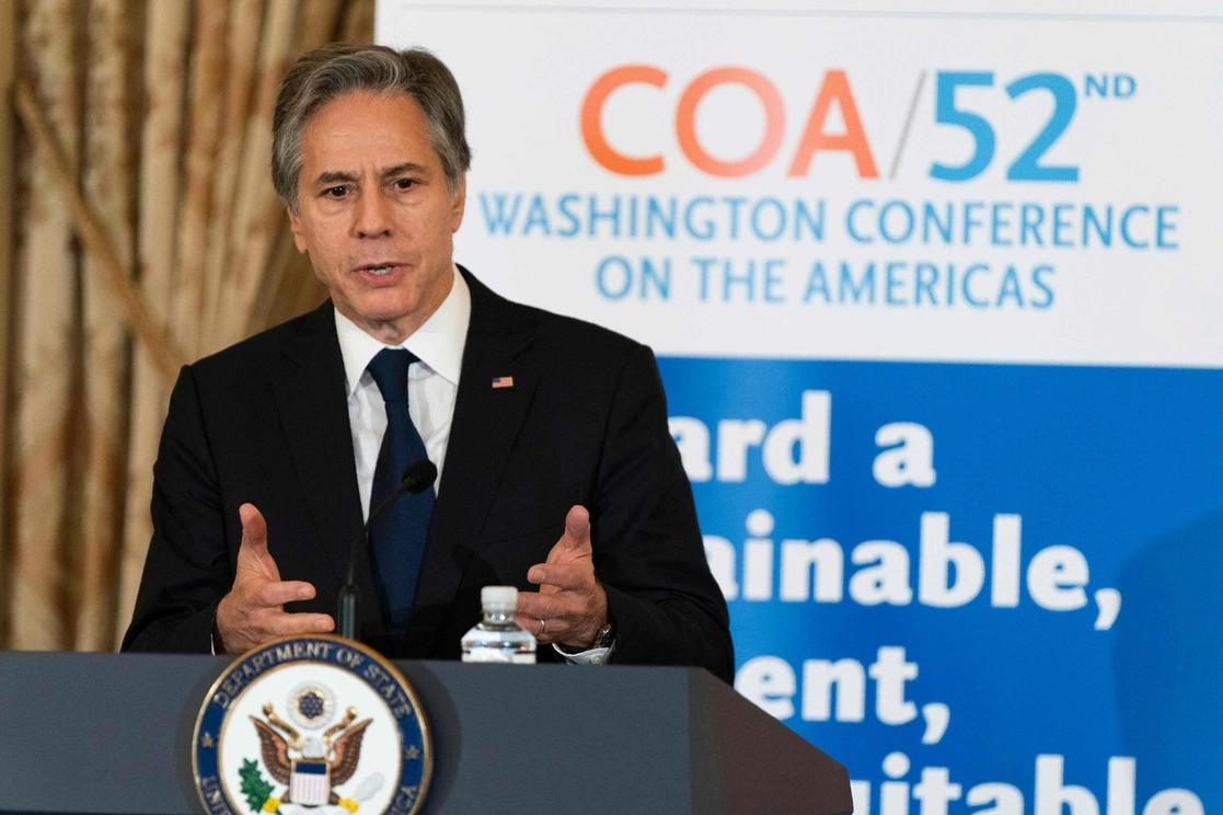 El secretario de Estado de Estados Unidos, Antony Blinken, durante el almuerzo de la 52  Conferencia Anual de las Américas en Washington, D.C. el 3 de mayo de 2022. Foto Afp
