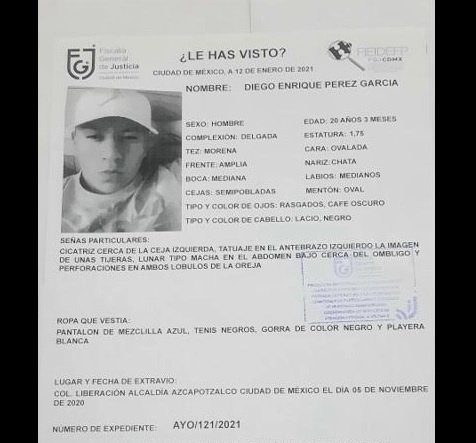 La FGJ CDMX publicó una ficha solicitando el apoyo de la ciudadanía para localizar a Diego Enrique Pérez García. Foto Captura de pantalla