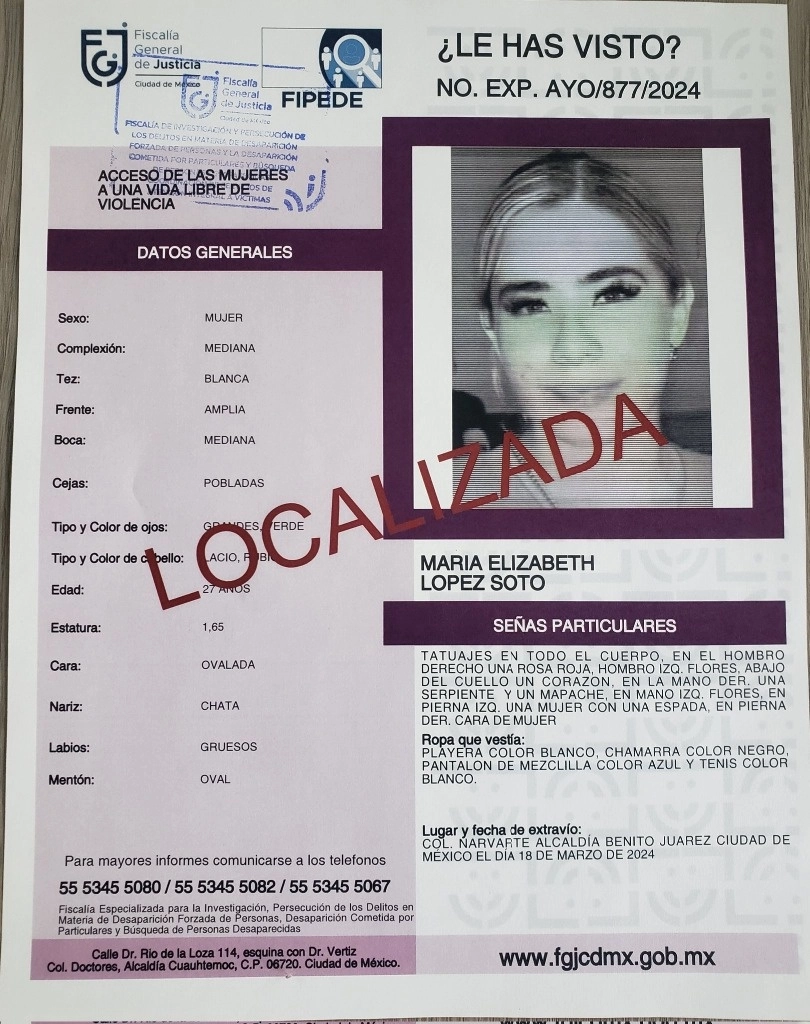 Ficha de búsqueda de María Elizabeth López Soto emitida por Fiscalía Especializada en la Búsqueda, Localización e Investigación de Personas Desaparecidas