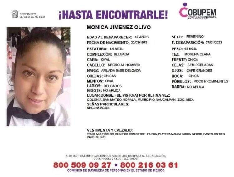 Cédula emitida por la Comisión de Búsqueda de Personas en el Estado de México para localizar a Mónica Jiménez Olivo. Foto Cobupem
