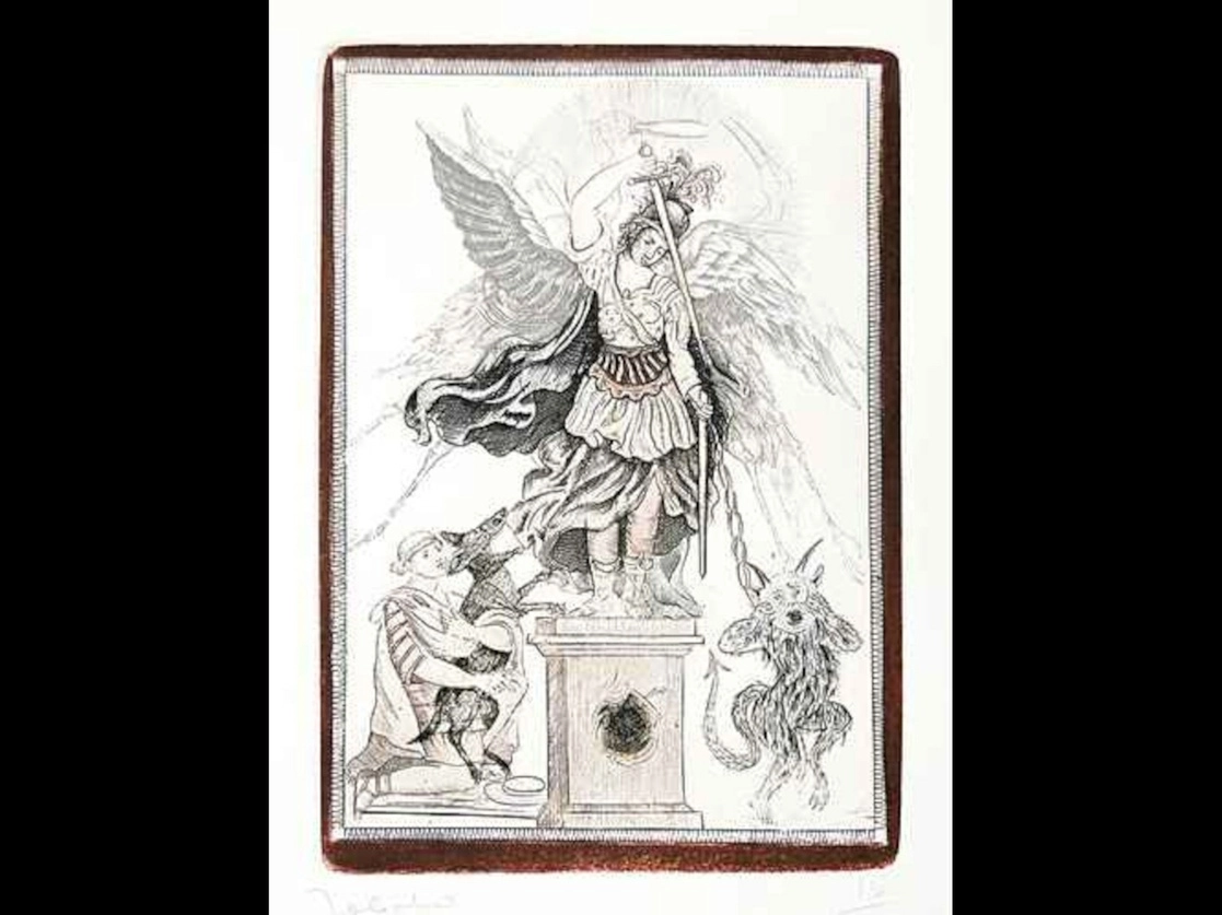 El grabado ‘Las dudas del predicador’, 1981, es parte de la exposición en el Munae. Pertenece a la carpeta ‘Nuevo catecismo para indios remisos’, México, Arvil Gráfica, 1981. Está realizado en aguafuerte, punta seca, mezzotinta, buril e intaglio (13/25). Impreso en el taller Mario Reyes, Ciudad de México. Colección Beatriz Sánchez Monsiváis. Foto cortesía Munae 