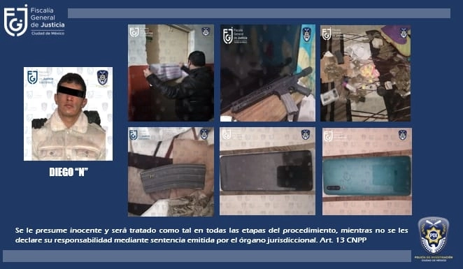 Durante el arresto se aaseguró posible droga, un arma de fuego y cartucho. Foto Cortesía PDI FGJCDMX