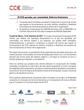El CCE aprobó por unanimidad su Reforma Estatutaria.