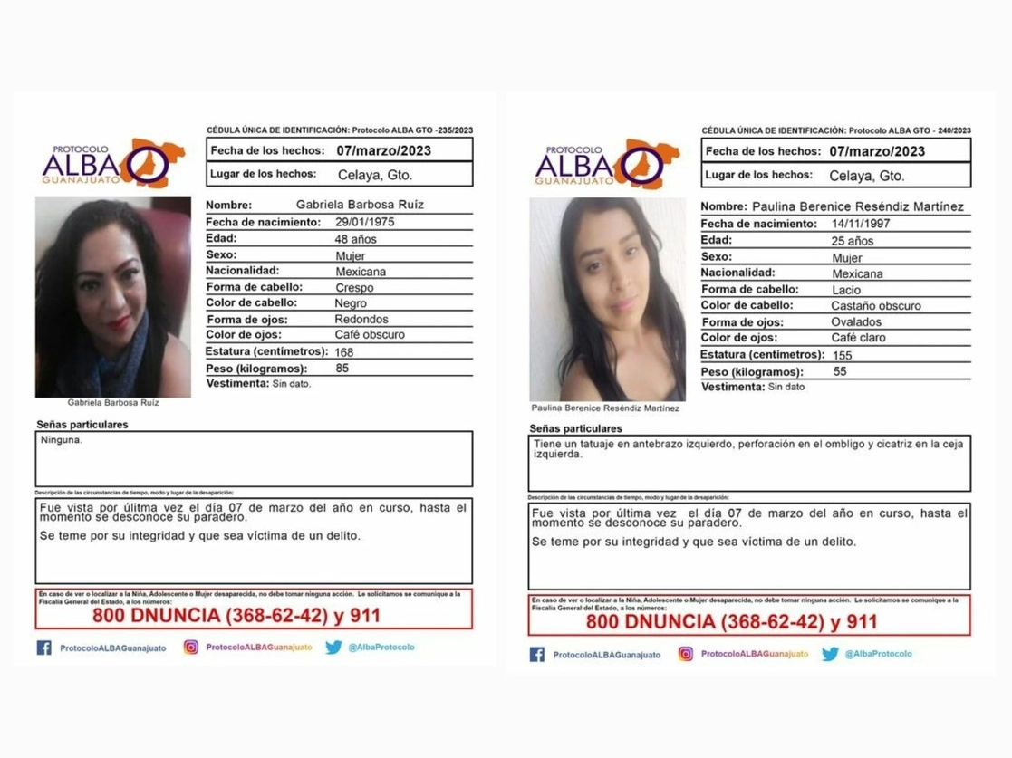 Fichas de búsqueda de las víctimas Gabriela Barbosa Ruíz y Berenice Reséndiz Martínez. Fotos tomadas de Twitter @AlbaProtocolo
 