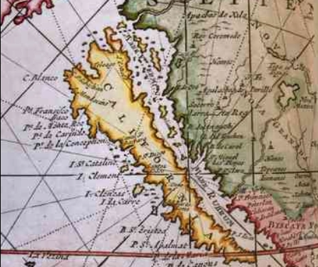 Mapa holandés de Gerard van Keulen, 1975, que asocia a California con el estrecho de Anián.Foto Tomada del libro California: biografía de una palabra, publicado por el Fondo
Editorial La Rumorosa