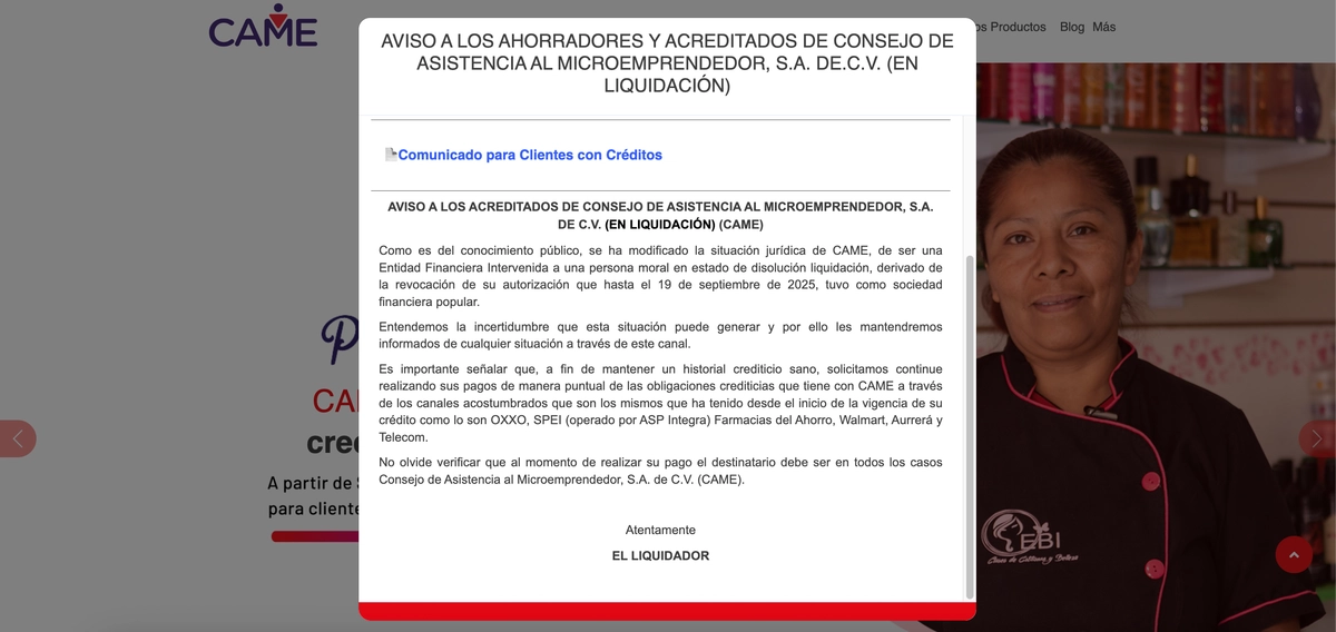 “A fin de mantener un historial crediticio sano, solicitamos continúe realizando sus pagos de manera puntual de las obligaciones crediticias que tiene con Came”, indicó la financiera en un desplegado en su sitio web.