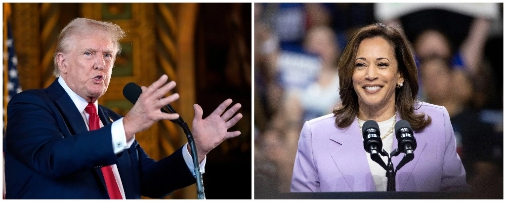 Por primera vez en lo que va del año, la campaña del republicano Donald Trump (en imagen de hace unos días en Mar-a-Lago) está debajo de la preferencia del voto, según recientes encuestas que dan ligera ventaja a la demócrata Kamala Harris (a la derecha, en un acto de campaña el fin de semana en Las Vegas). Foto Ap y Afp 