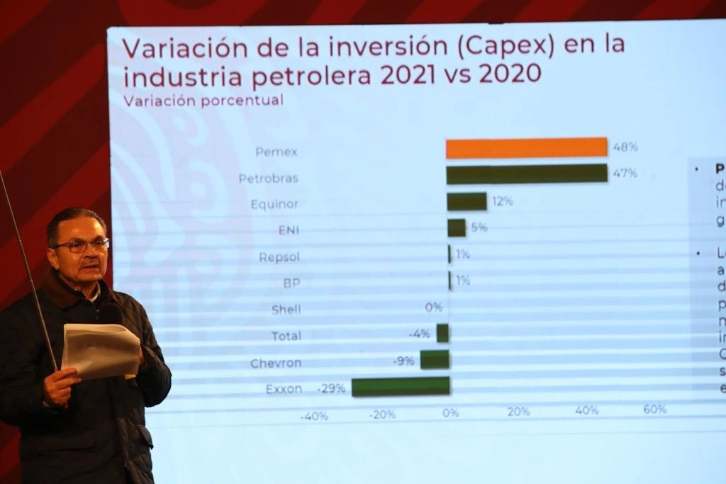 El director de Pemex, Octavio Romero Oropeza, durante la conferencia presidencial matutina en Palacio Nacional, en la Ciudad de México, el 9 de febrero de 2022. Foto Yazmín Ortega Cortés