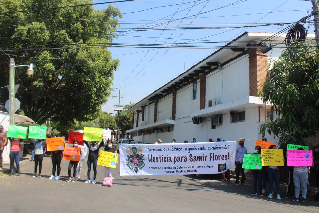 Protesta del Frente de Pueblos en Defensa de la Tierra y Agua de Morelos, Puebla y Tlaxcala frente a las oficinas de Conagua, el 22 de marzo de 2021. Foto Rubicela Morelos Cruz