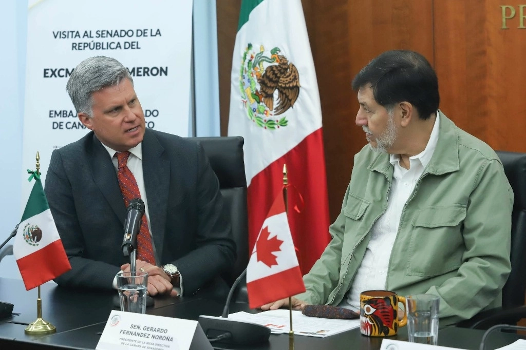 El presidente de la Mesa Directiva, Gerardo Fernández Noroña (der) recibió a Cameron MacKay, embajador de Canadá en México (izq). Foto Senado de la República 