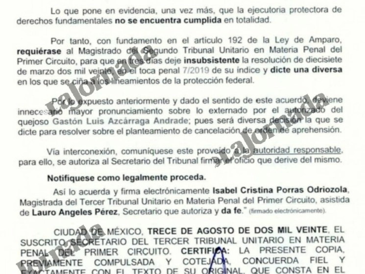 Documento emitido por el Tercer Tribunal Unitario en Materia Penal en Ciudad de México. Imagen  'La Jornada'  