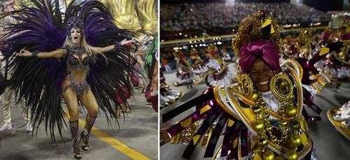 Camila Prins en una imagen de 2020. A la derecha, integrantes de la escuela Estácio de Sá, en el Sambódromo en Río de Janeiro. Foto Ap y Afp