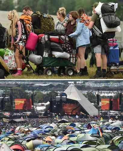 Asistentes a su llegada a la granja Worthy; abajo, en el escenario de la Pirámide, en la edición de junio pasado. Foto Afp