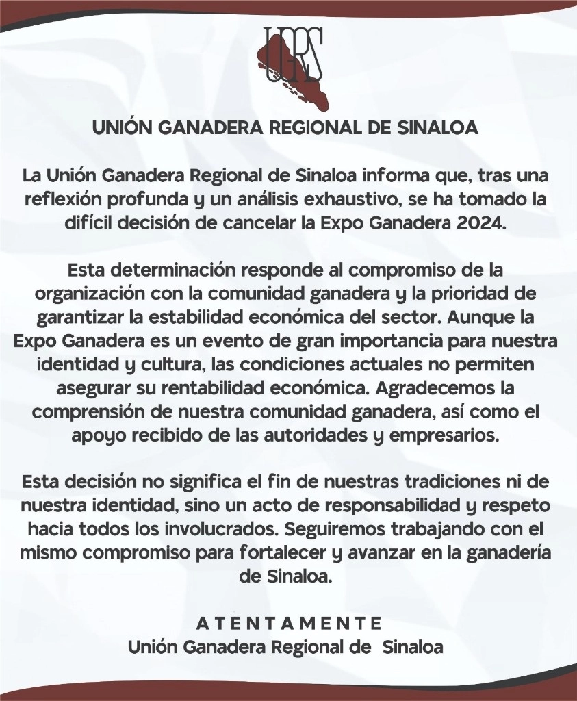 La Unión Ganadera de Sinaloa agregó en su comunicado que la decisión no significa el fin de sus tradiciones ni de su identidad, sino un acto de responsabilidad y respeto hacia todos los involucrados. Foto tomada de X.