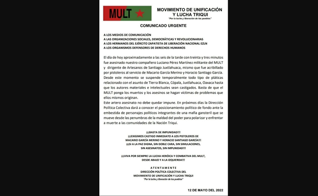 Comunicado publicado por el Movimiento de Unificación y Lucha Triqui (MULT) en sus redes sociales.